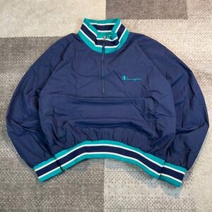 Vintage Champion USA Windbreaker Jacket Mens Large Navy Teal 1/4 Zip Pullover